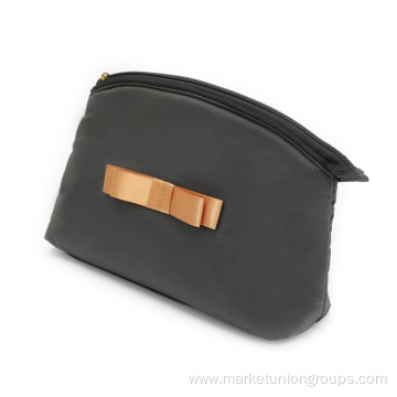 Factory Polyester ECO Friendly Light Plain Bow Gray Cheap Custom Cosmetic Makeup Shell Bags